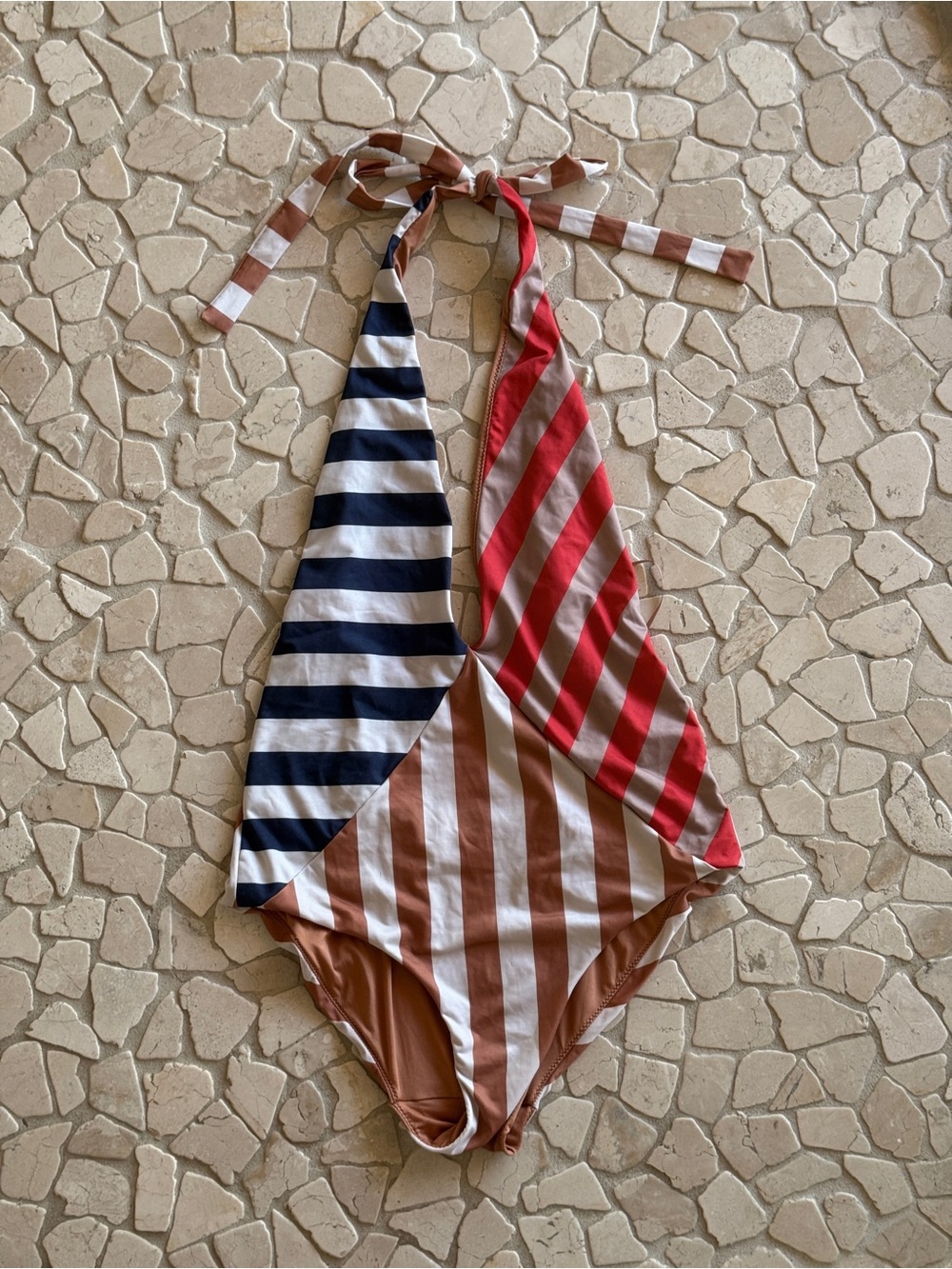 Zara Multi-Stripe Halter One-Piece Swimsuit - Brown/Blue/Red